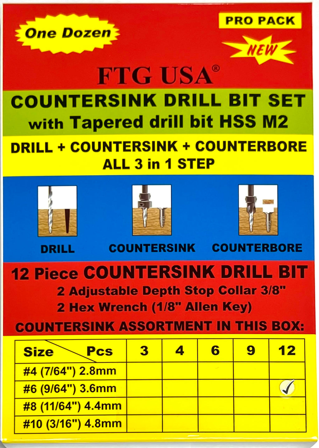 FTG USA 12 Pc #6 (9/64") Tapered Countersink Drill Bit Set with 2 Stops