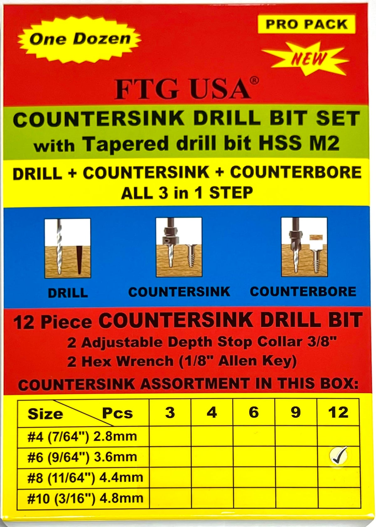 FTG USA 12 Pc #6 (9/64") Tapered Countersink Drill Bit Set with 2 Stops