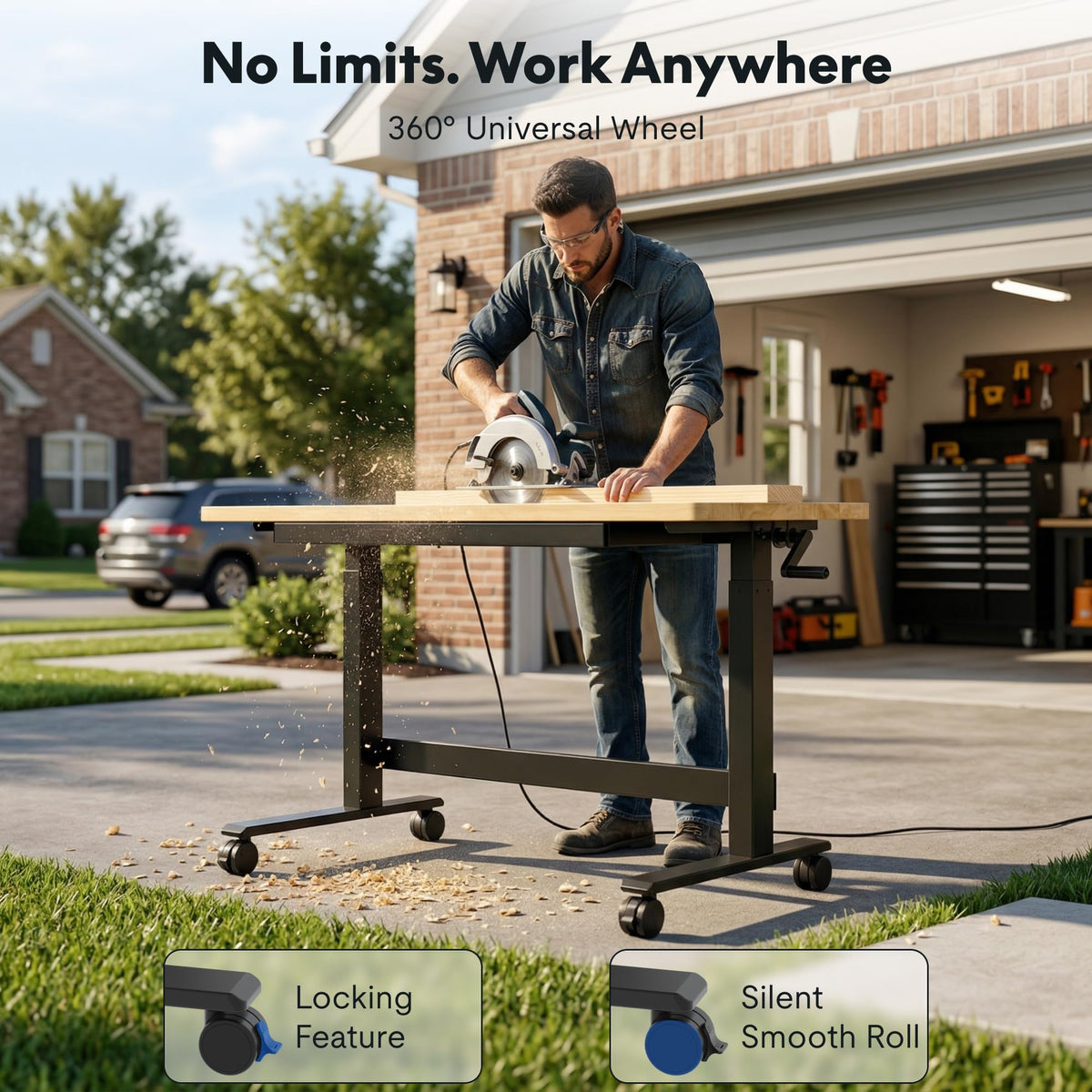 Adjustable Workbench, 47.2" x 23.6" Work Table with Hand Crank