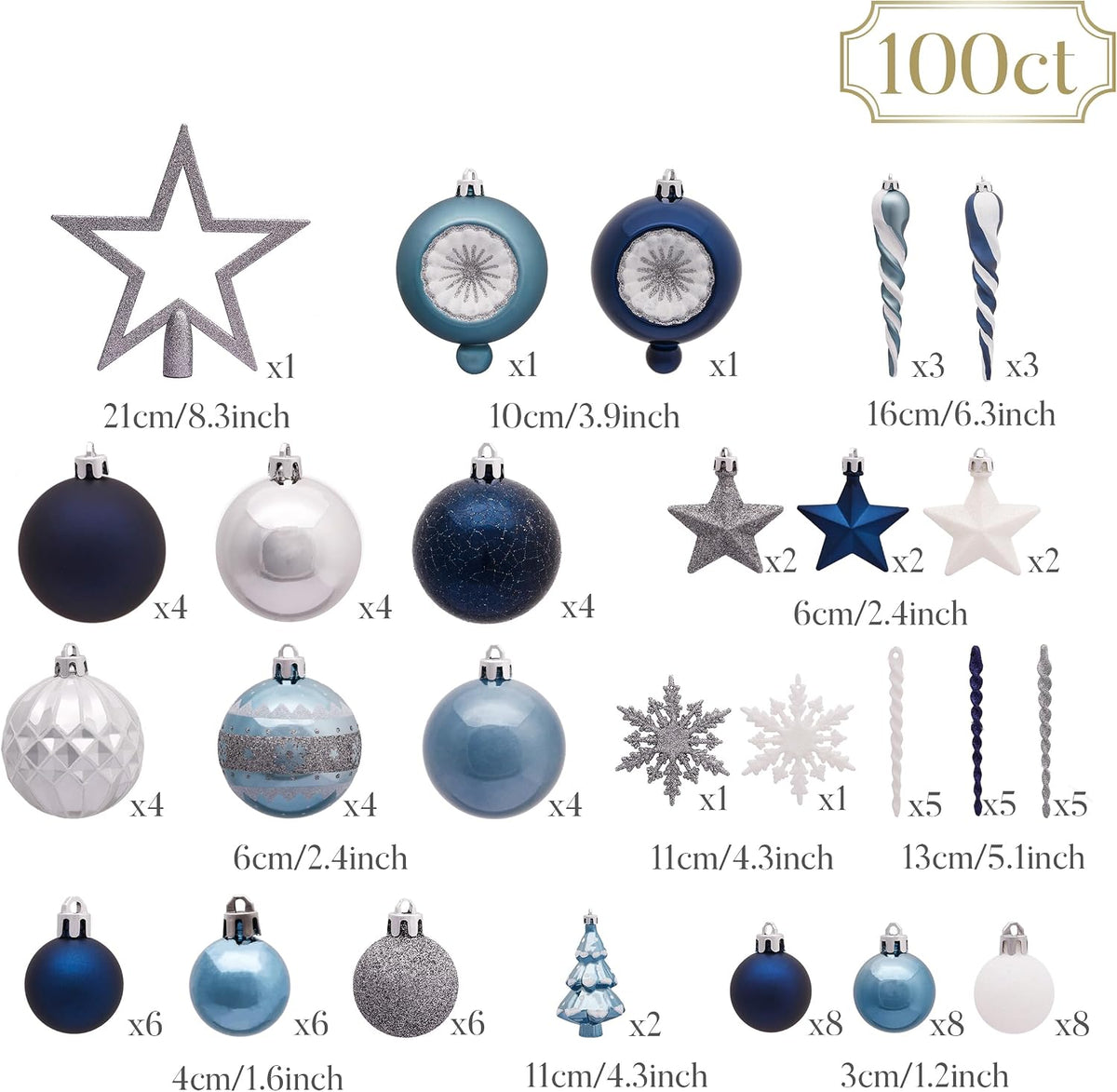 Christmas Ornaments Set, 100ct Navy Blue and Silver Shatterproof Christmas Tree Decorations Ball Ornaments Bulk
