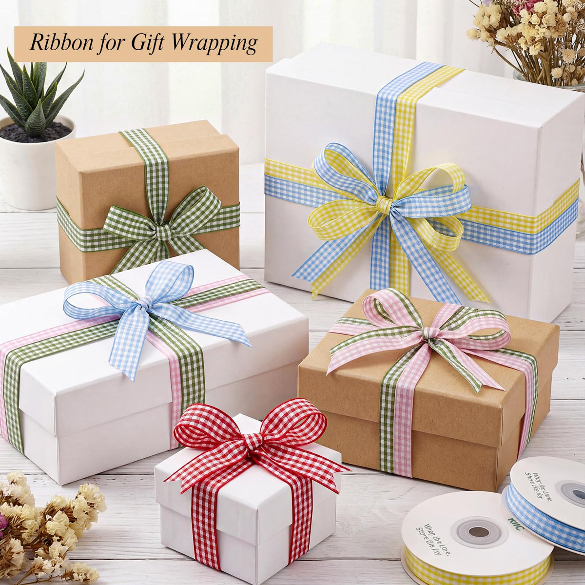 5 Color Gingham Ribbon 3/8" X 50 Yd Plaid Ribbons