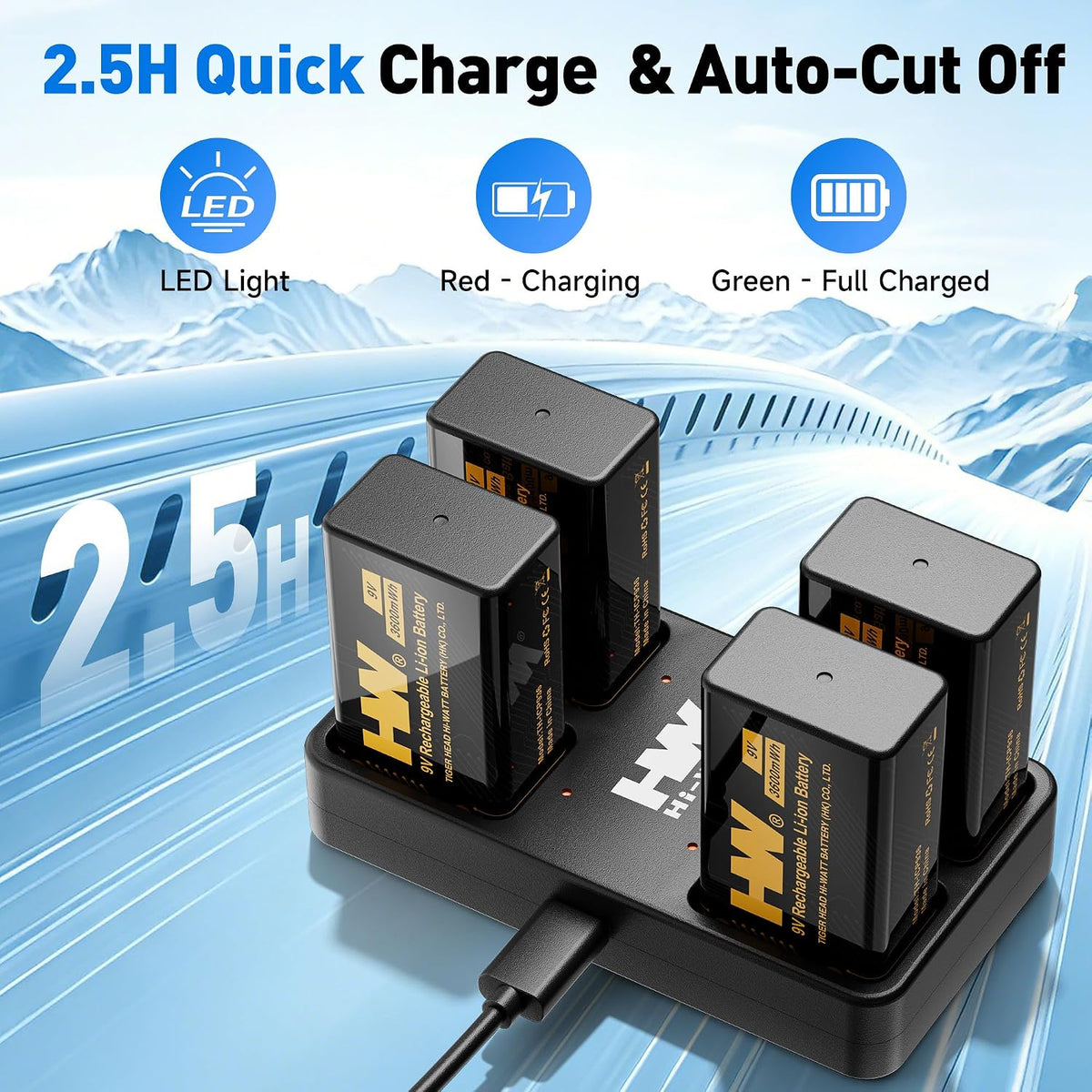 9V Batteries，[4-Pack] 3600mWh Rechargeable 9 Volt Battery with Charger Square Li-ion Betaria for Smoke