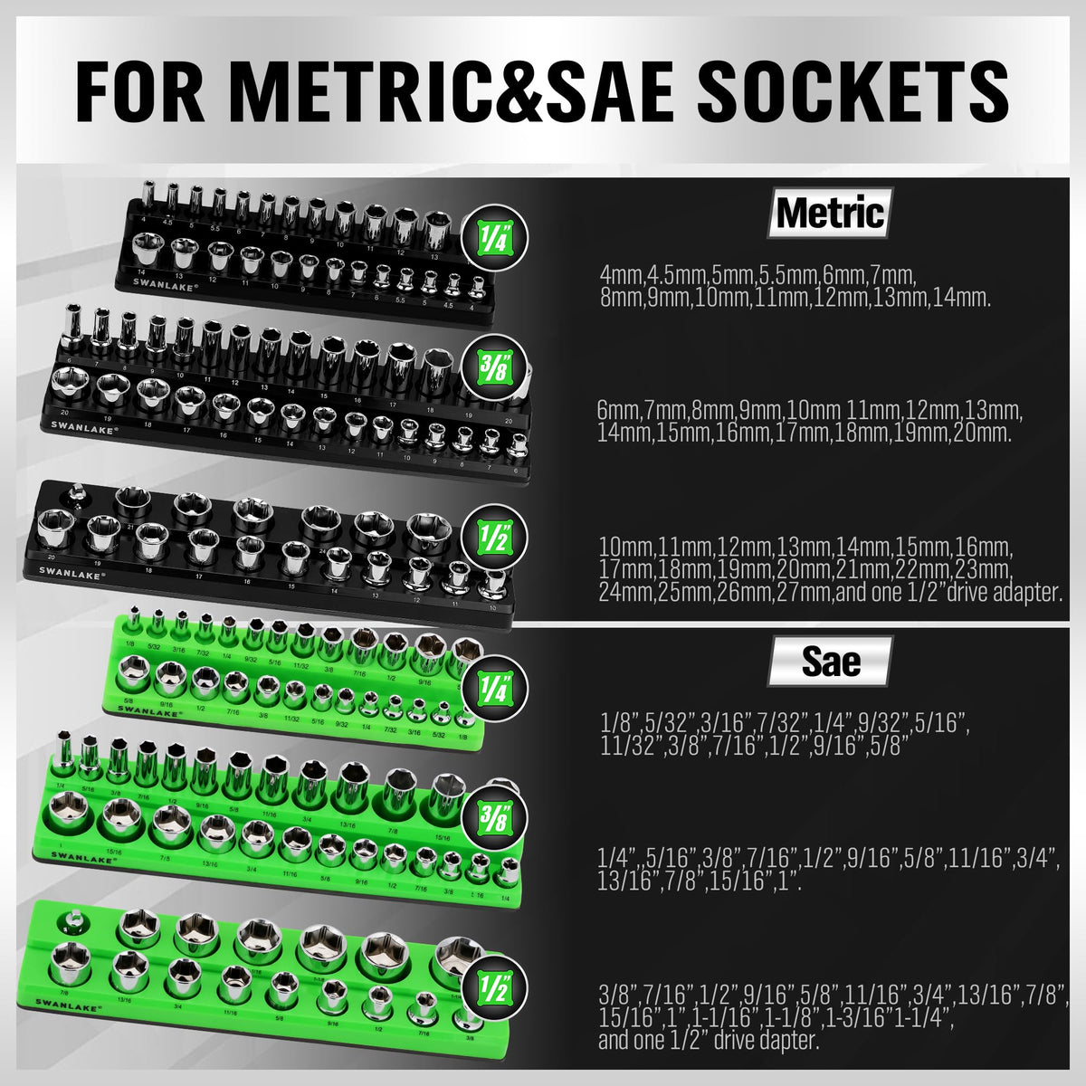 Magnetic Socket Organizer Set, 6-piece 1/4", 3/8", 1/2" SAE & Metric Sockets Holder, Drive Socket Trays, Storage Tool