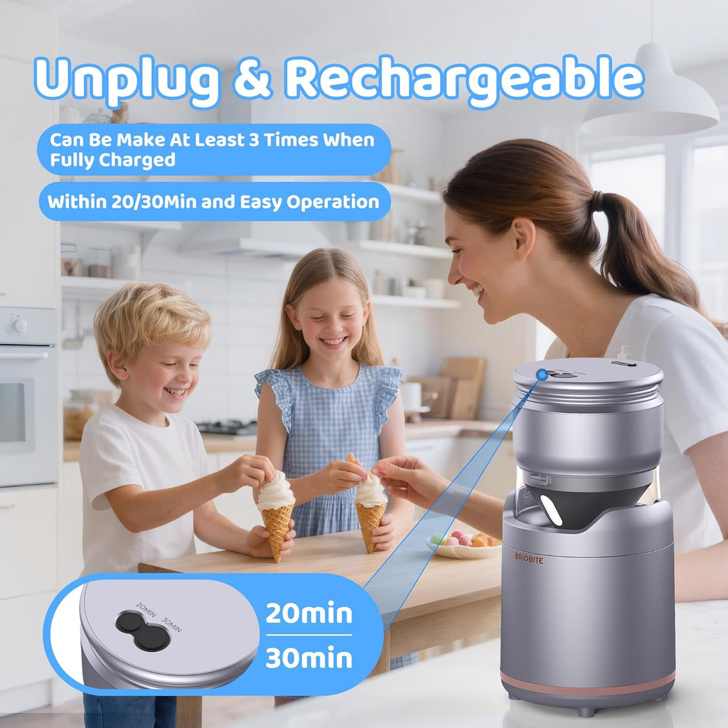 Ice Cream Maker Machine,Quiet,Rechargeable,1–2 Servings,Silver