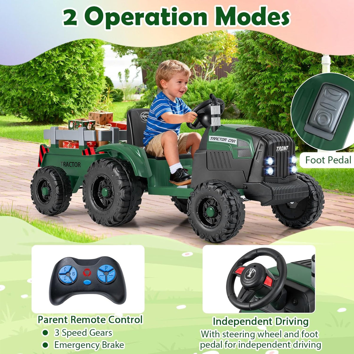 24V Ride on Tractor with Detachable Trailer, Kids' Electric Vehicles with 3 Speeds, 15° Climbing, Wireless Design