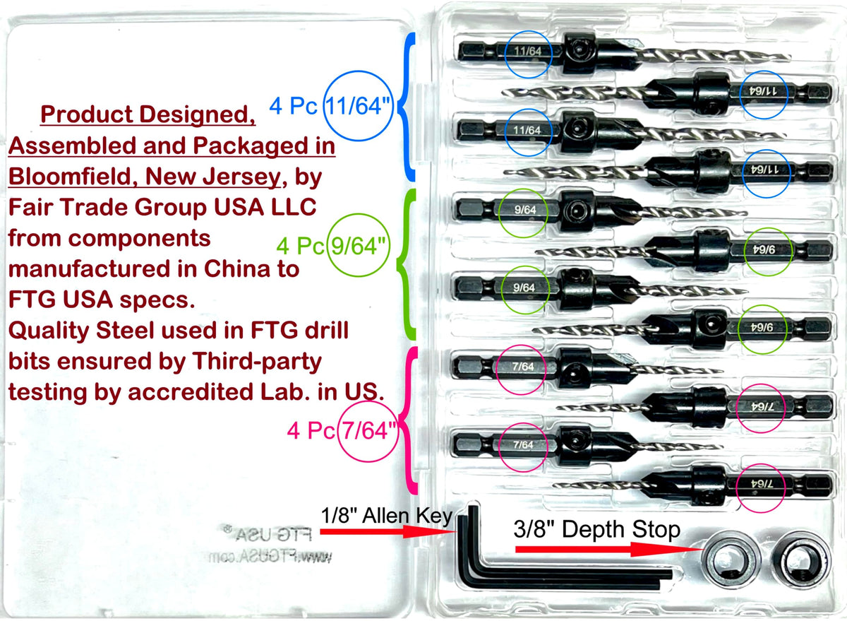 FTG USA Countersink Drill Bit Set #4, #6, #8 (4 Pc Each) Tapered Drill Bits