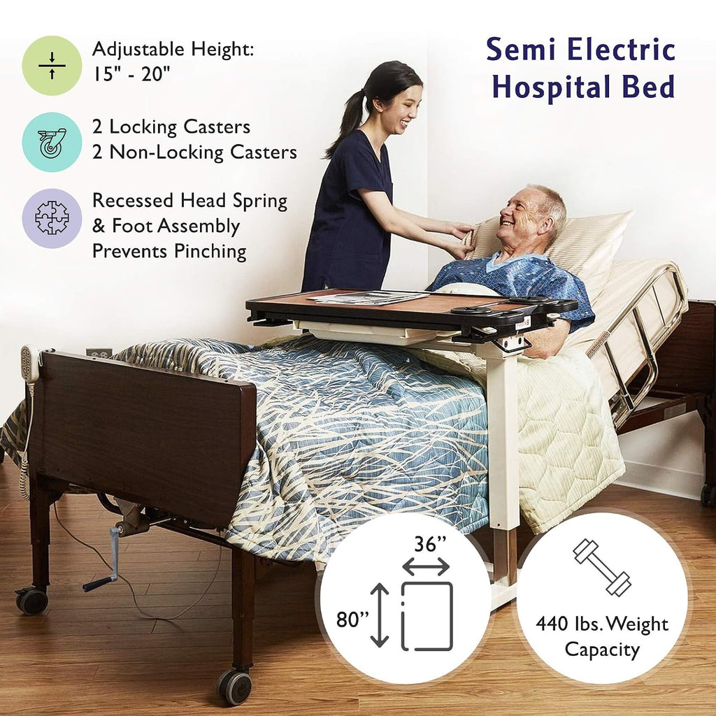 Semi Electric Hospital Bed with Premium Foam Mattress and Half Rails Included - for Home Care Use and Medical