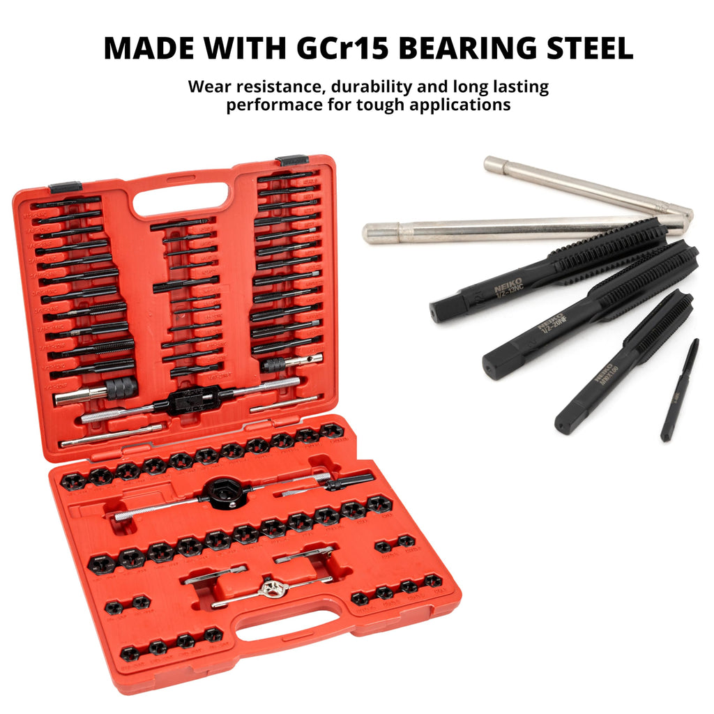 NEIKO Tap and Die Set, 76 Piece, Metric and Standard, Rethreading, Cutting, Repairing Threading Tool for External & Internal Thread Tap Set, SAE & MM, Hex Die, UNC, UNF, AND NPT Threads, Complete Kit