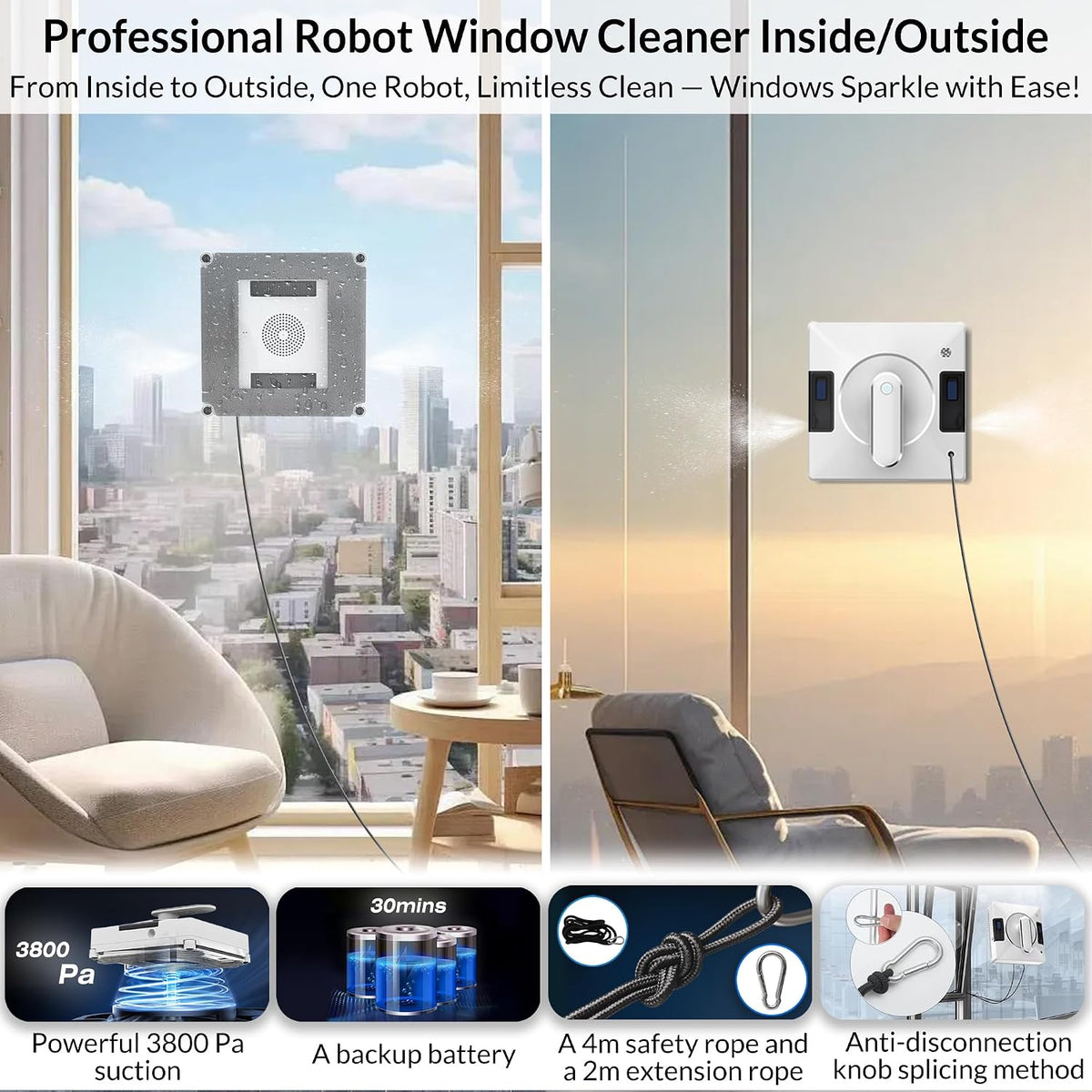 Smart Window Cleaning Robot With Dual Water Spray,3800pa Suction, Multiple Anti - Fall Protection,AI Path