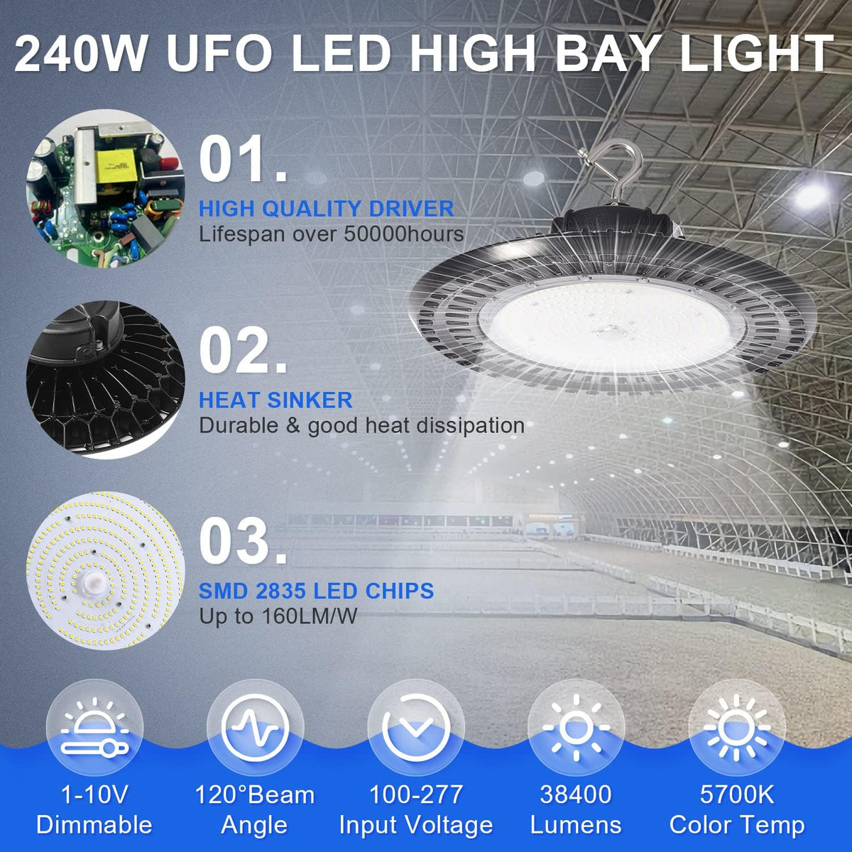 240W UFO LED High Bay Light, 5700K 38400LM, 1-10V Dimmable