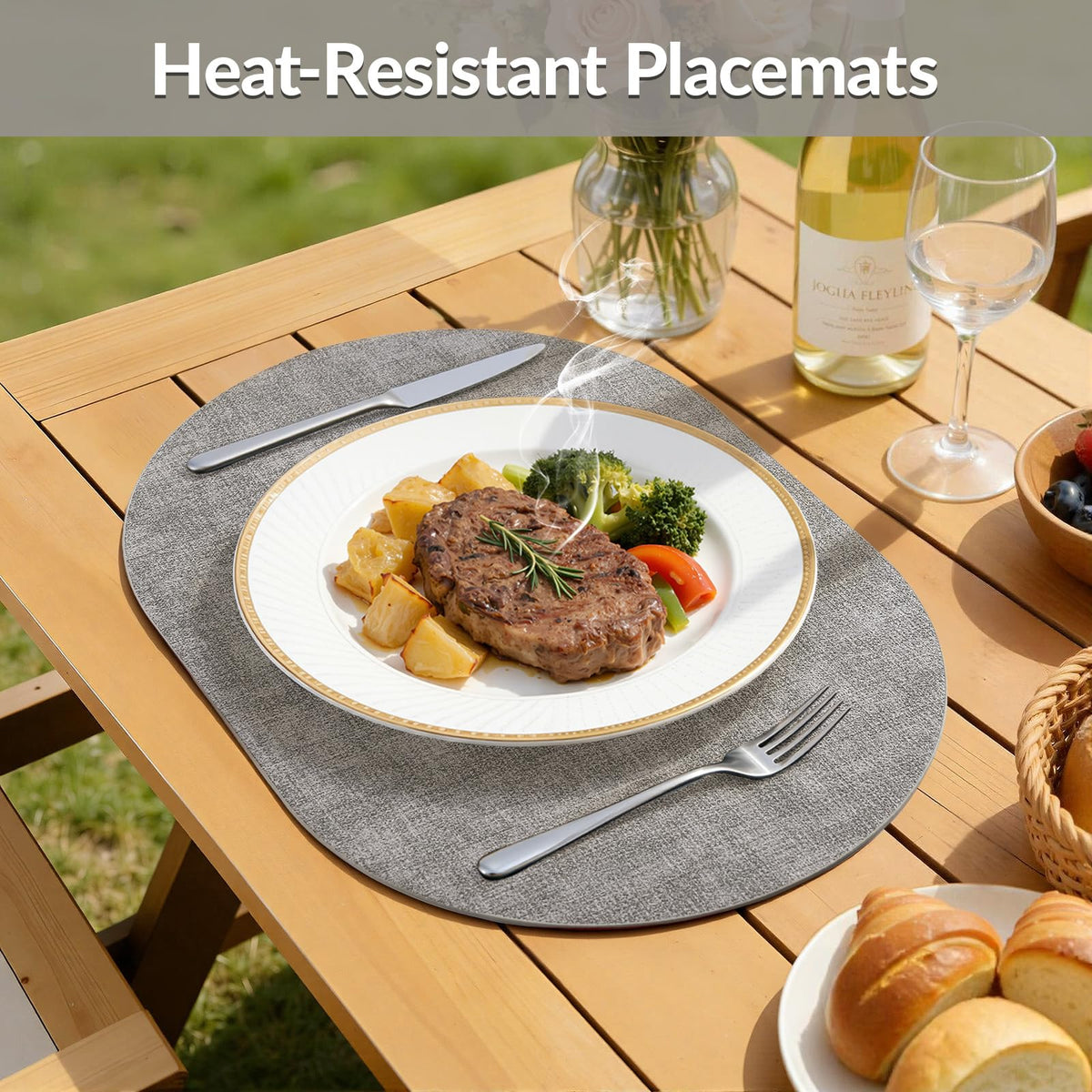 Heat Resistant Oval Placemats Set of 4, Light Grey
