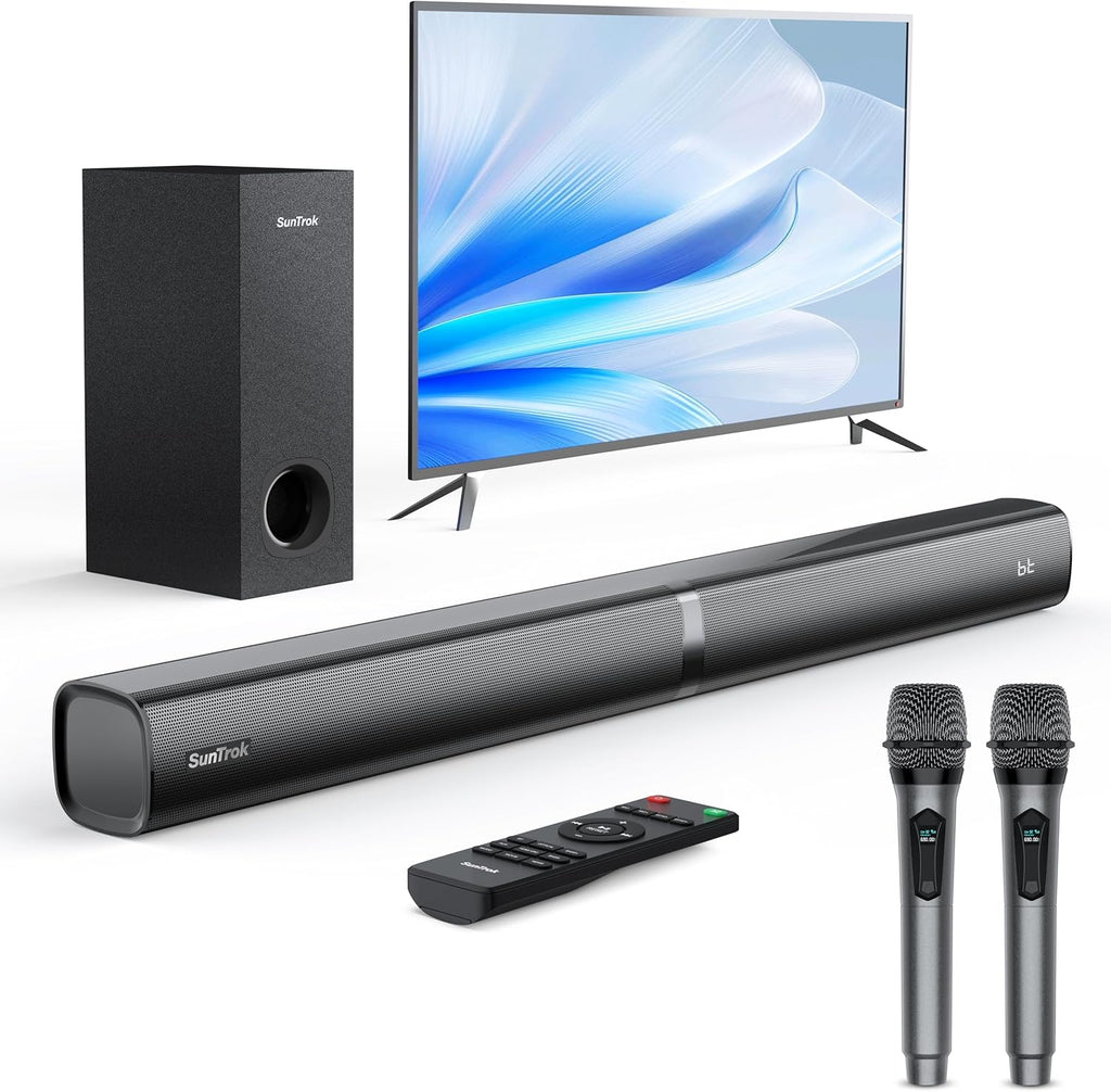 Soundbar with Subwoofer for TV, Home Theater Bluetooth 5.3 Speaker System with 2 Wireless Karaoke Mics, Surround