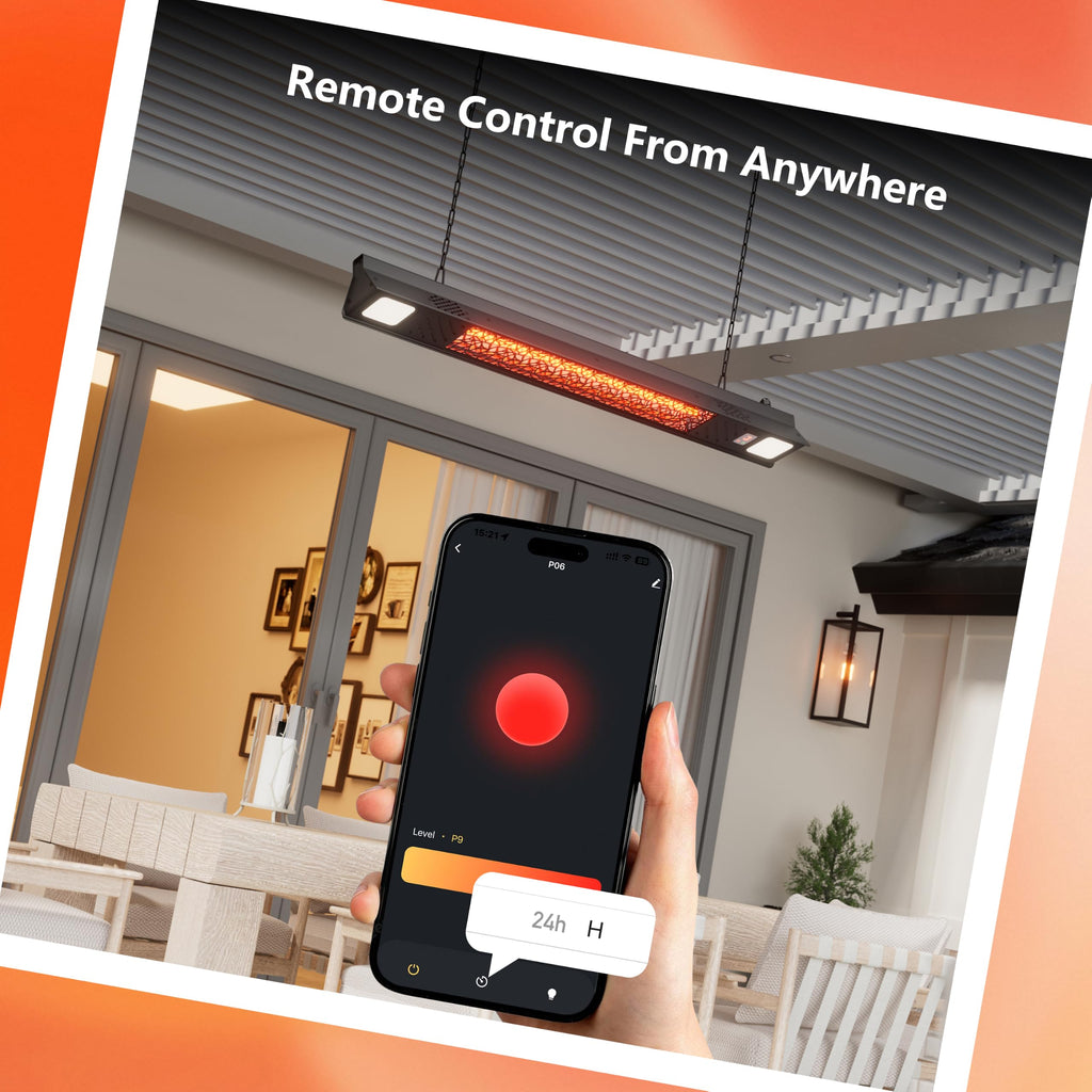 Hanging Electric Patio Heater with Light Ceiling Outdoor, Wifi Control, 1500W Infrared 9 Heat Levels, 24H Timers, 1s