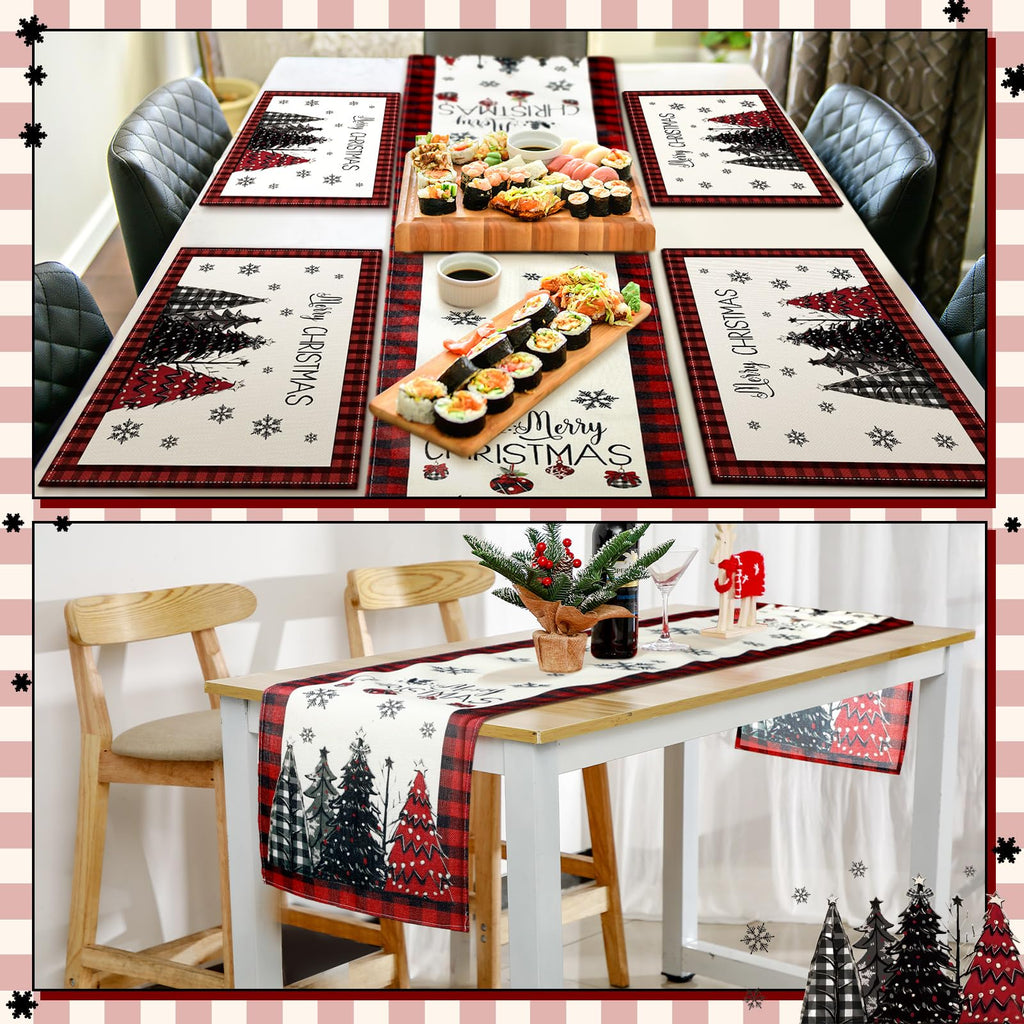 7 Pcs Christmas Table Runner and Placemats Set, Serve 6