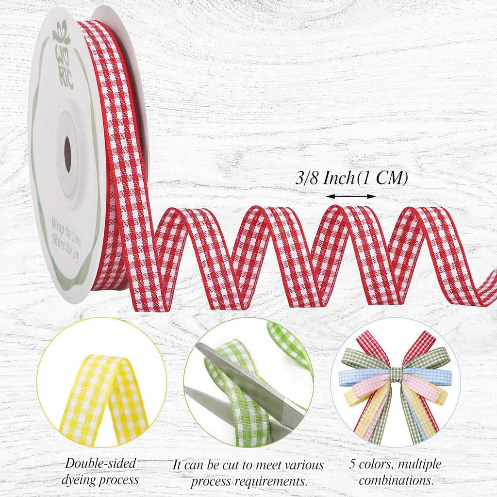 5 Color Gingham Ribbon 3/8" X 50 Yd Plaid Ribbons
