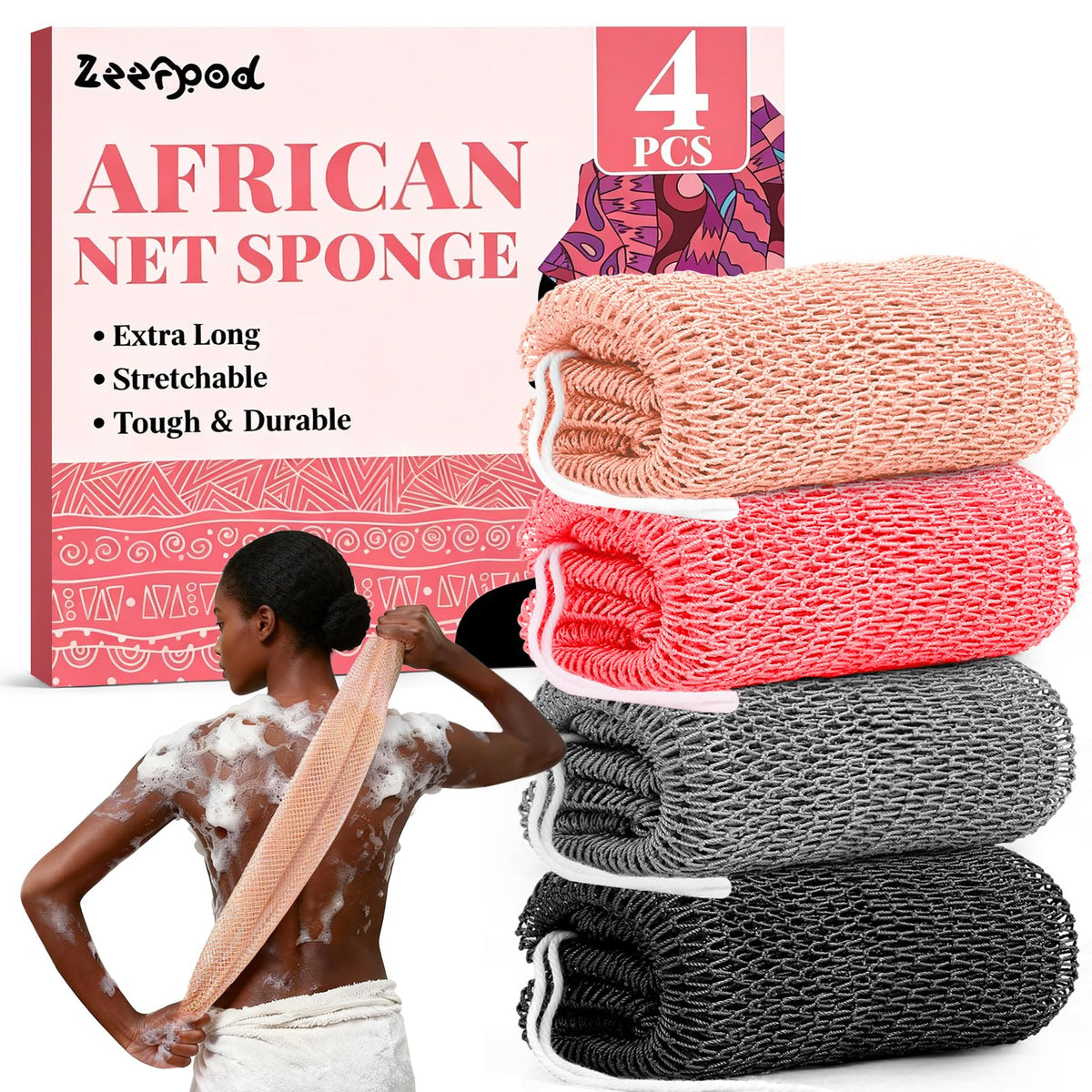 African Net Sponge Authentic-4 Packs African Exfoliating Net Sponge,Bath Sponges for Shower,42 inch Long for Normal