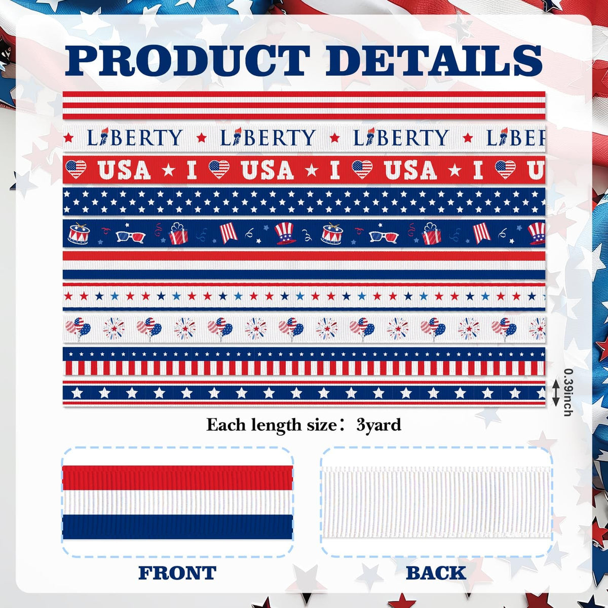 Patriotic Ribbon 10 Pack 3/8" Grosgrain 4th of July Red White Blue Star USA American Flag Ribbons for Craft