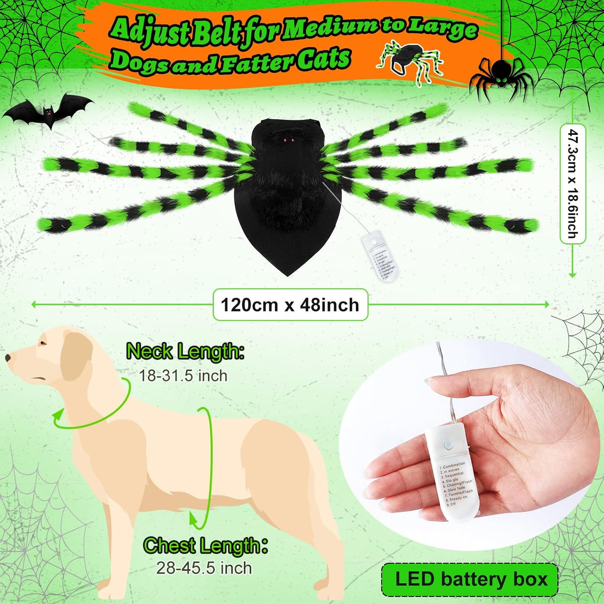 Realistic Halloween Spider Dog Costume for XL Large Dog Cosplay with 64 Led