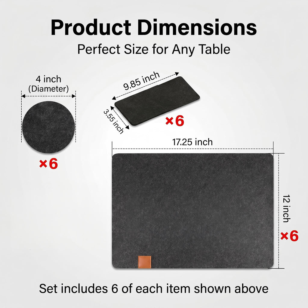 Felt Placemat Set of 18, 6 Placemats, 6 Coasters and 6 Cutlery Bags, Washable, Stain Resistant, Heat-Resistant, Dark