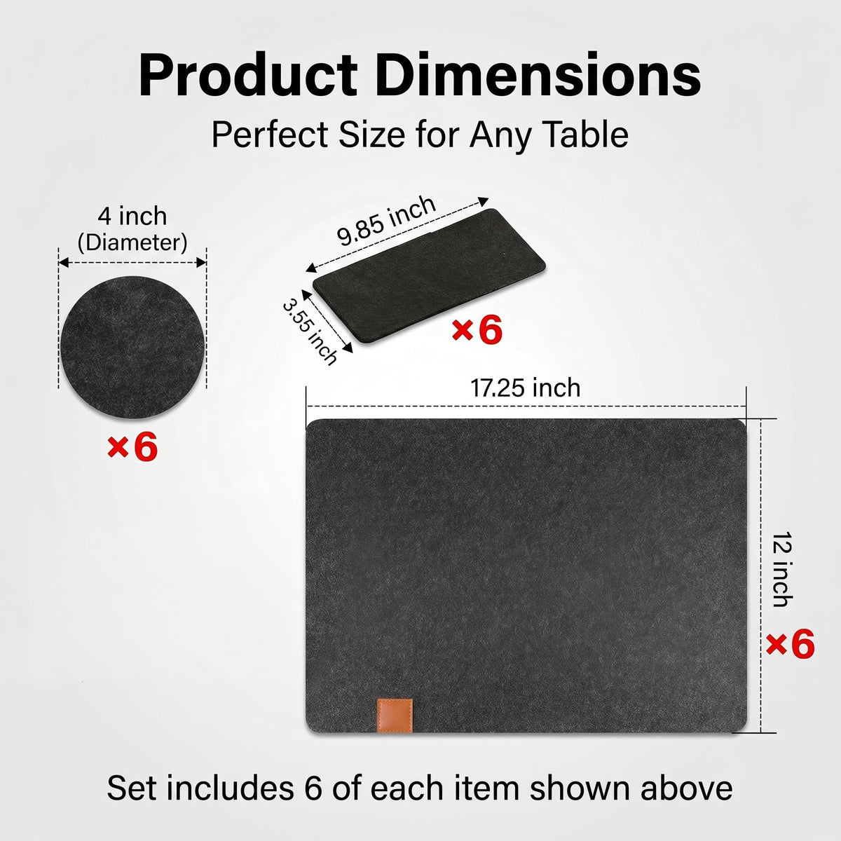 Felt Placemat Set of 18, 6 Placemats, 6 Coasters and 6 Cutlery Bags, Washable, Stain Resistant, Heat-Resistant, Dark