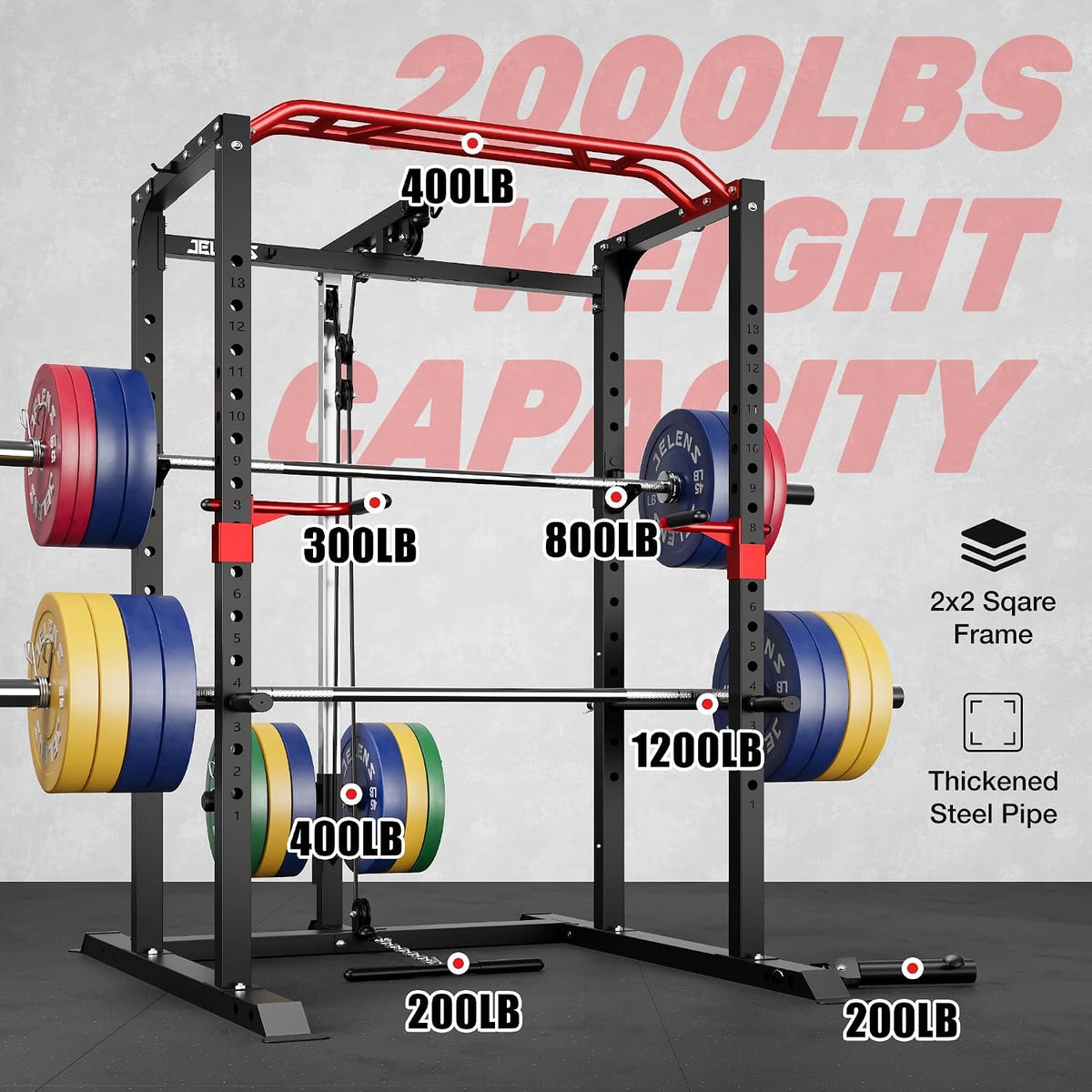 S11 Power Cage, 2000LB Multi-Function Power Rack with LAT Pulldown, Squat Rack with Adjustable Pulley System and