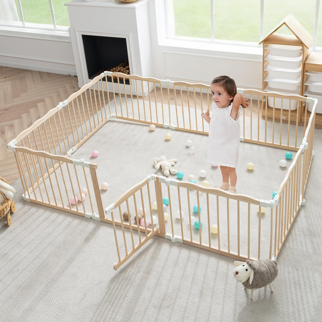 86" x58" Modular Foldable Baby Playpen & Safety Activity Yard with Locking Walk-Through Gate for Infants & Toddlers — Natural Wood