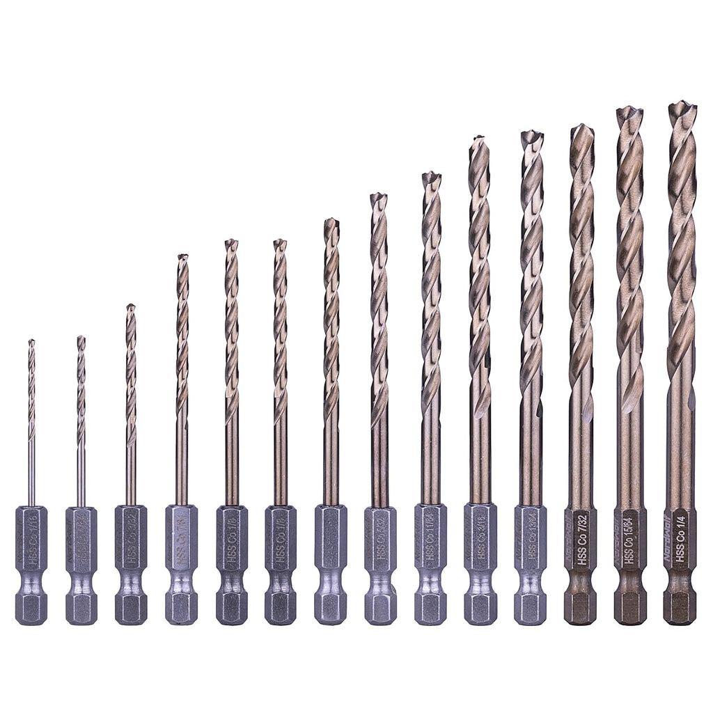 NordWolf 14-Piece M35 Cobalt Drill Bit Set for Stainless Steel, Hard Metals & Cast Iron, Jobber Length with 1/4" Hex Shank, Sizes 1/16" to 1/4"