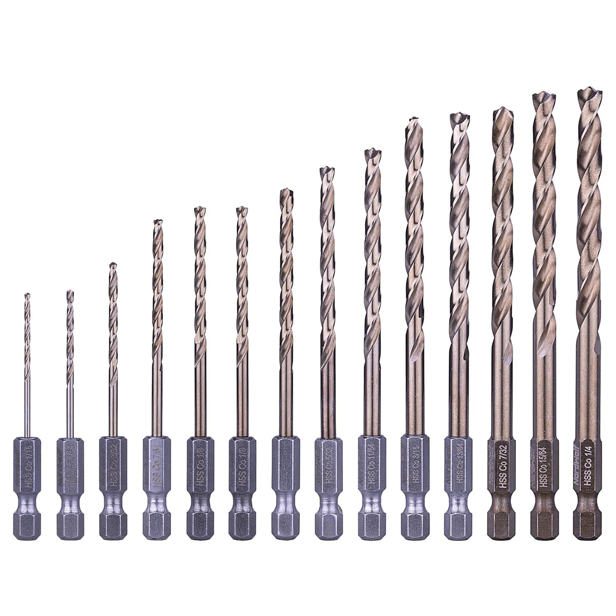 NordWolf 14-Piece M35 Cobalt Drill Bit Set for Stainless Steel, Hard Metals & Cast Iron, Jobber Length with 1/4" Hex Shank, Sizes 1/16" to 1/4"