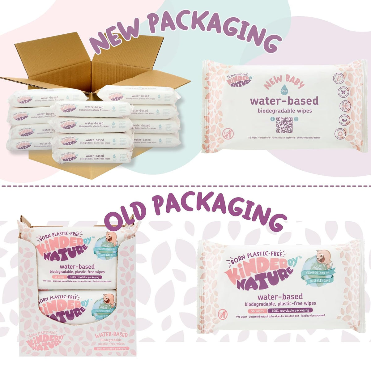 Kinder by Nature Water-Based Baby Wipes - 100% Biodegradable & Compostable, 224 Count (4 Packs of 56) - 99% Water