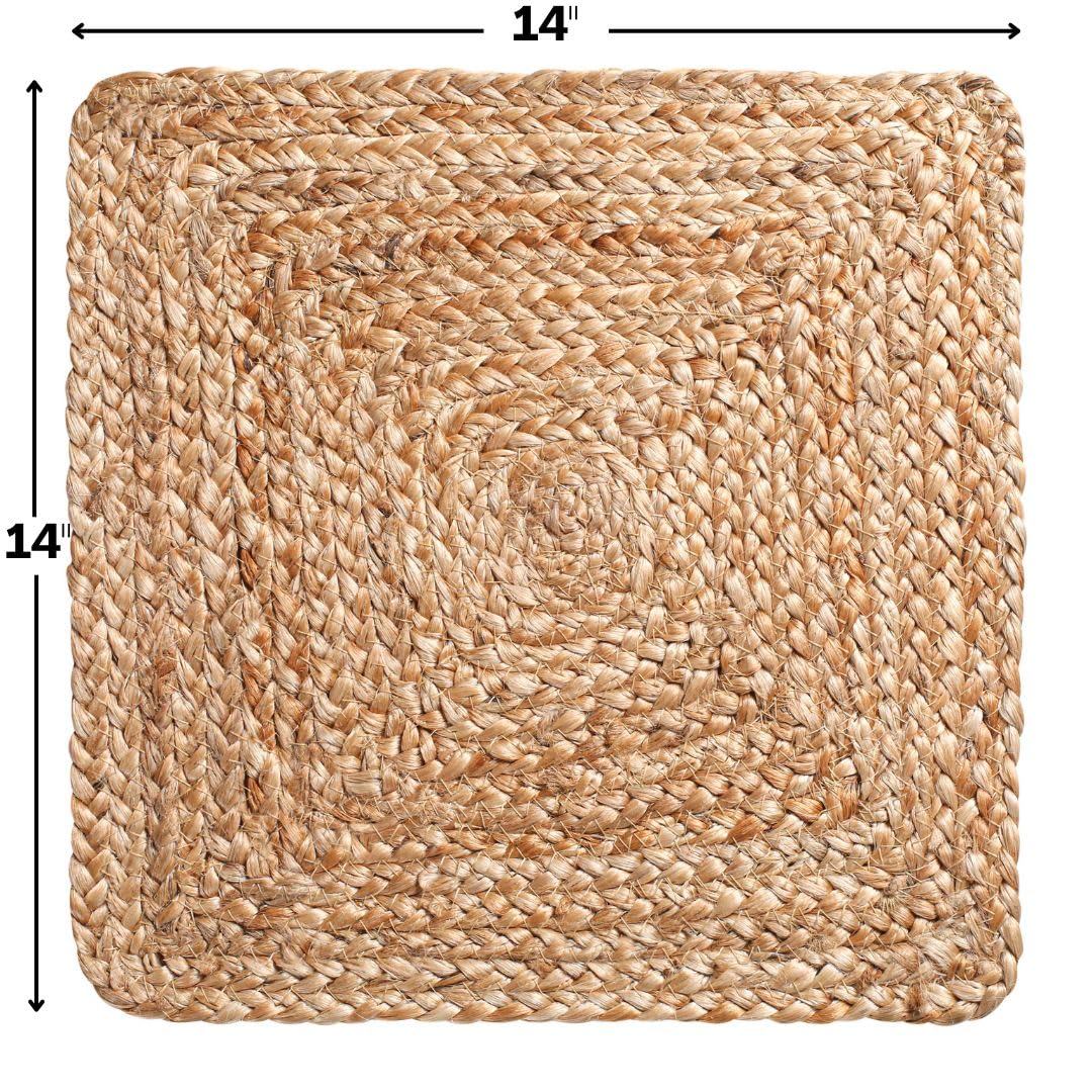 Jute Braided Placemats Set of 4 Reversible, 100% Jute, Nonslip 14x14 inch Square Farmhouse Vintage Jute Placemats for