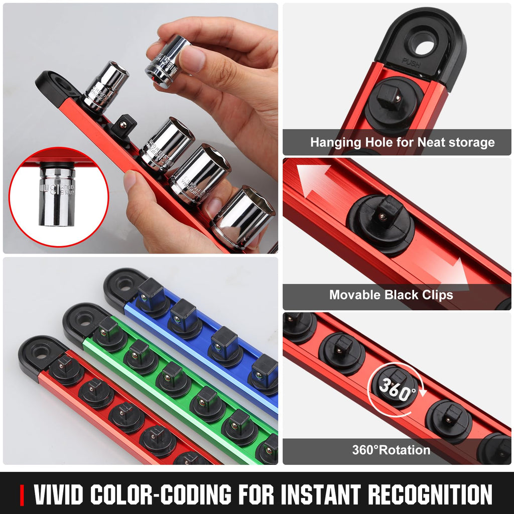 CRAFTZONE Socket Organizer Set - Socket Rail & Socket Holder with Ratchet Organizer - 240 Clips Total (84 for 1/4", 84 for 3/8", 72 for 1/2") - Socket Organizer for Tool Box Drawer.