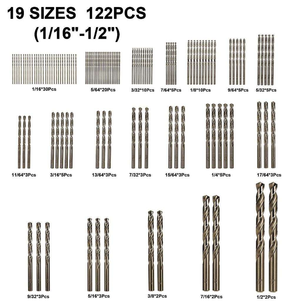 Cobalt Drill Bits Set for Hardened Metal and Stainless Steel, 122Pcs 1/16"-1/2" M35 HSS Twist Jobber Metal Drill Bits, with Index Storage Case