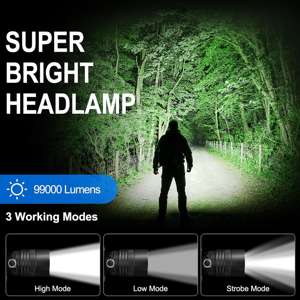 Rechargeable Headlamp 2Pack, 99000 Lumens Super Bright LED Head Lamp with 3 Modes, 90° Adjustable Head Lights for