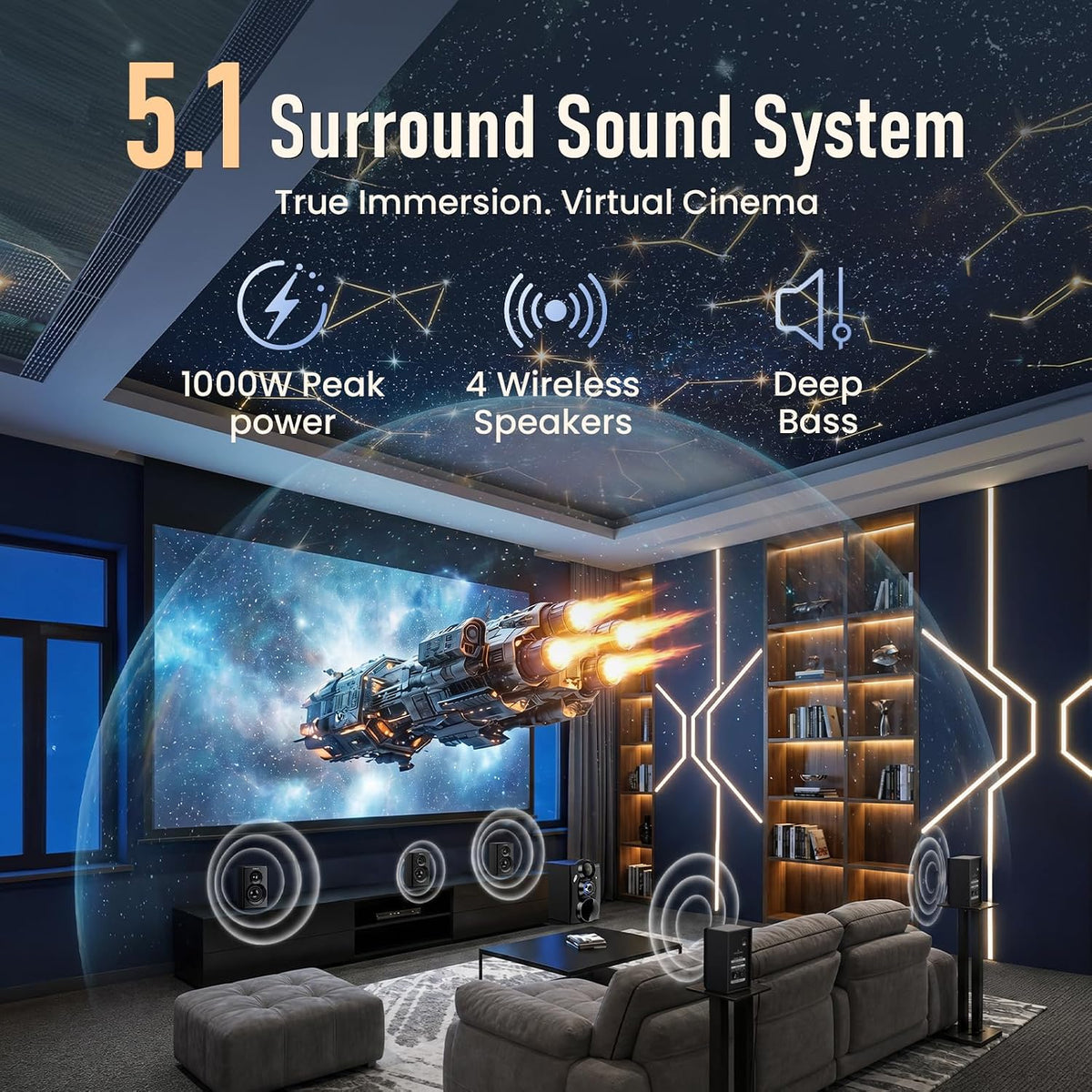 Wireless Surround Sound System Home Theater System | 1000W Surround Speakers 8" Subwoofer 5.1/2.1 Channel Deep Bass