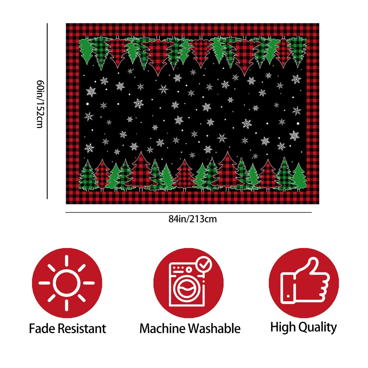 Christmas Tablecloth 60 x 84 Inch, Christmas Trees Table Cloth Rectangular, Black Buffalo Plaid Oblong Winter Xmas