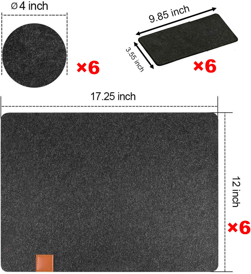 Placemats, Washable Heat-Resistant Felt Placemats, Set of 18 (6 Place Mats, 6 Coasters and 6 Knife Bags), Stain