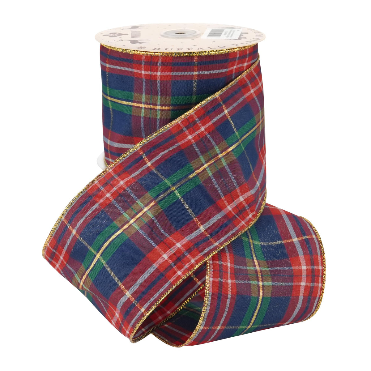 Christmas Crimson & Navy Blue Metallic Plaid Wired Ribbon 4" x 25 Yards