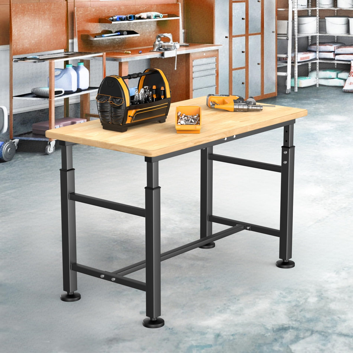 Adjustable Workbench with Rubberwood Top Rolling, 42x20 in Workbench