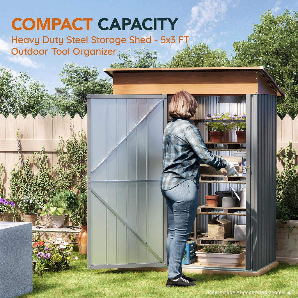 5x3FT Outdoor Storage Shed with Lockable Door(Matte Gray) | Garden Steel Shed with Slooping Roof,Compact Metal Tool