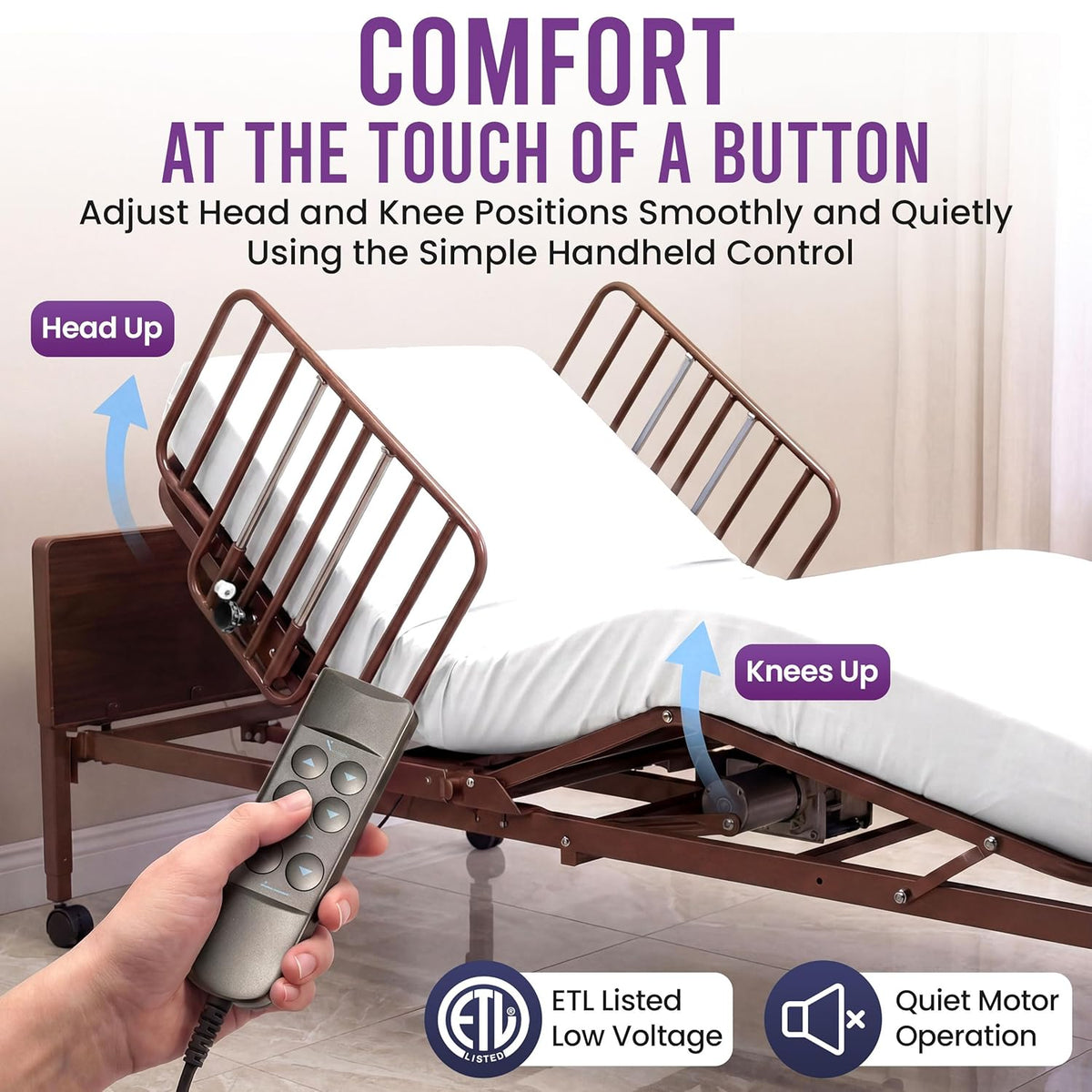 Full Electric Hospital Bed for Home Use with Foam Mattress, Half Rails - Medical Bed Set