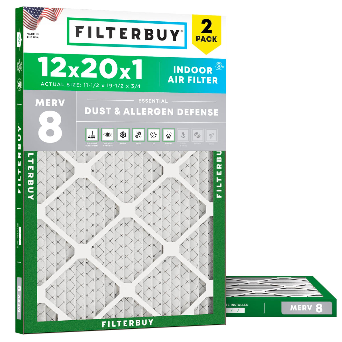 12x20x1 Air Filter MERV 8 Dust & Allergy Defense (2-Pack)