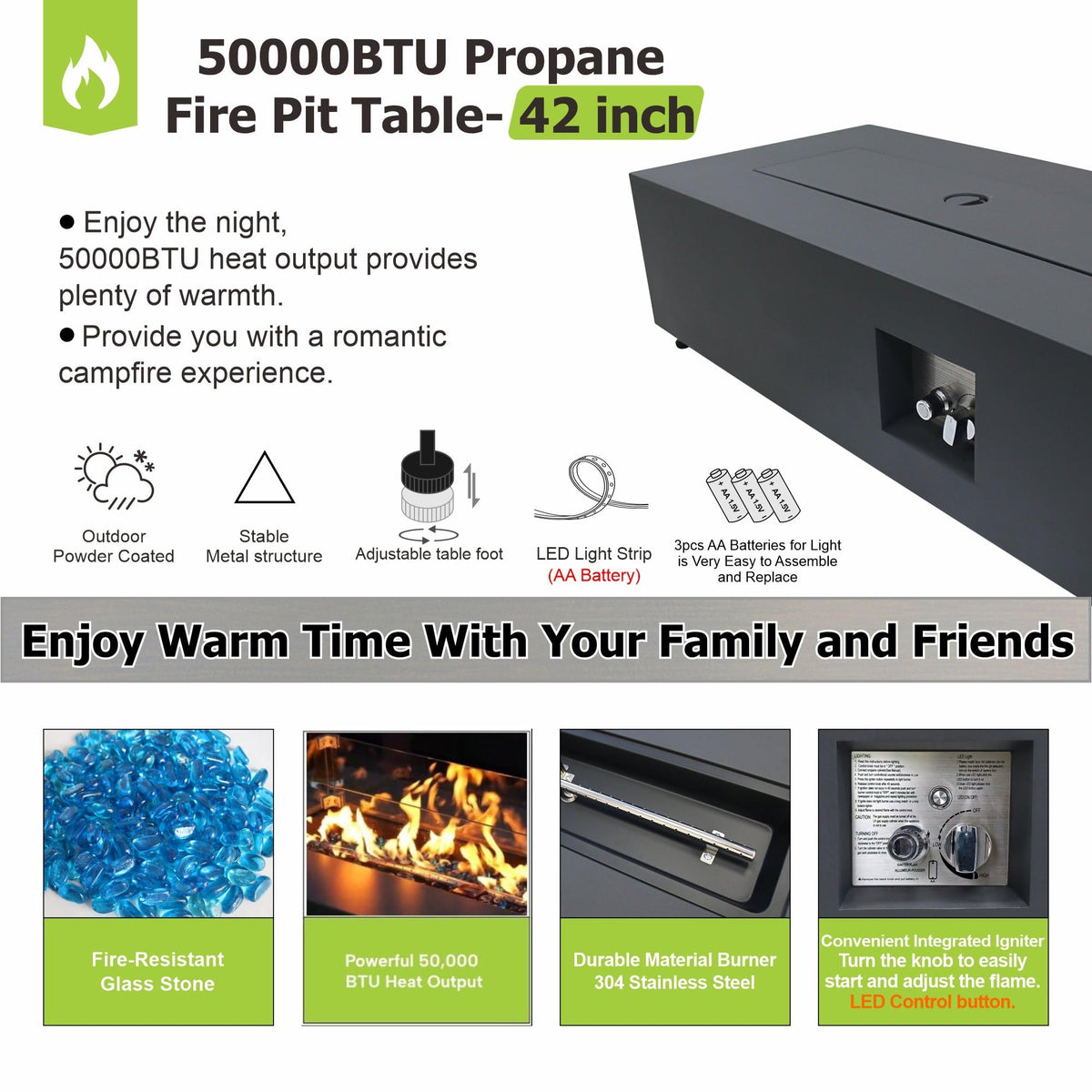 42" Rectangular Outdoor Propane Fire Pit Table with LED for Outside Patio