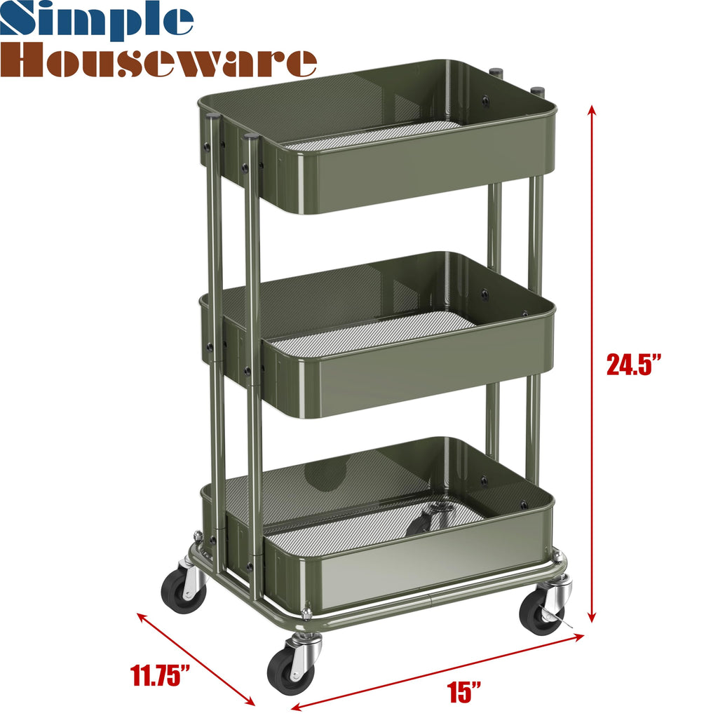3-Tier Utility Cart, Low 24" Height Fits Under Desk, Green