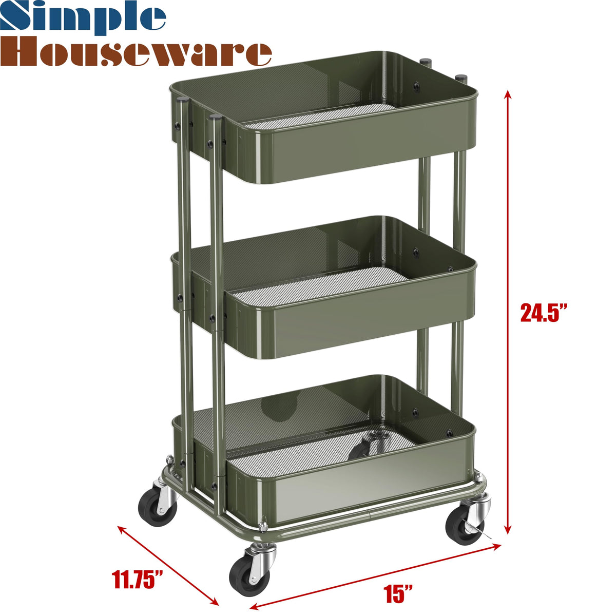 3-Tier Utility Cart, Low 24" Height Fits Under Desk, Green