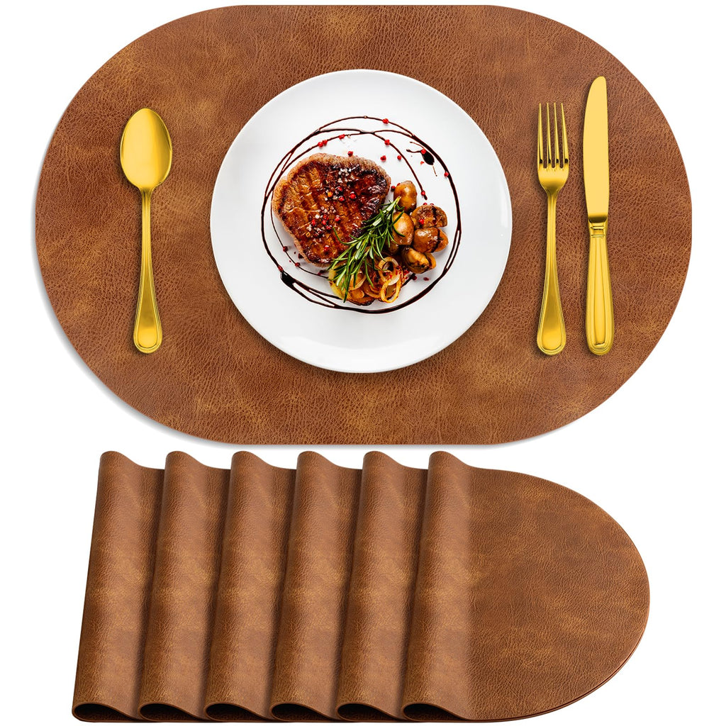 Oval Placemats Set of 6, Wipeable Faux Leather, Turmeric Brown