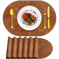 Oval Placemats Set of 6, Wipeable Faux Leather, Turmeric Brown