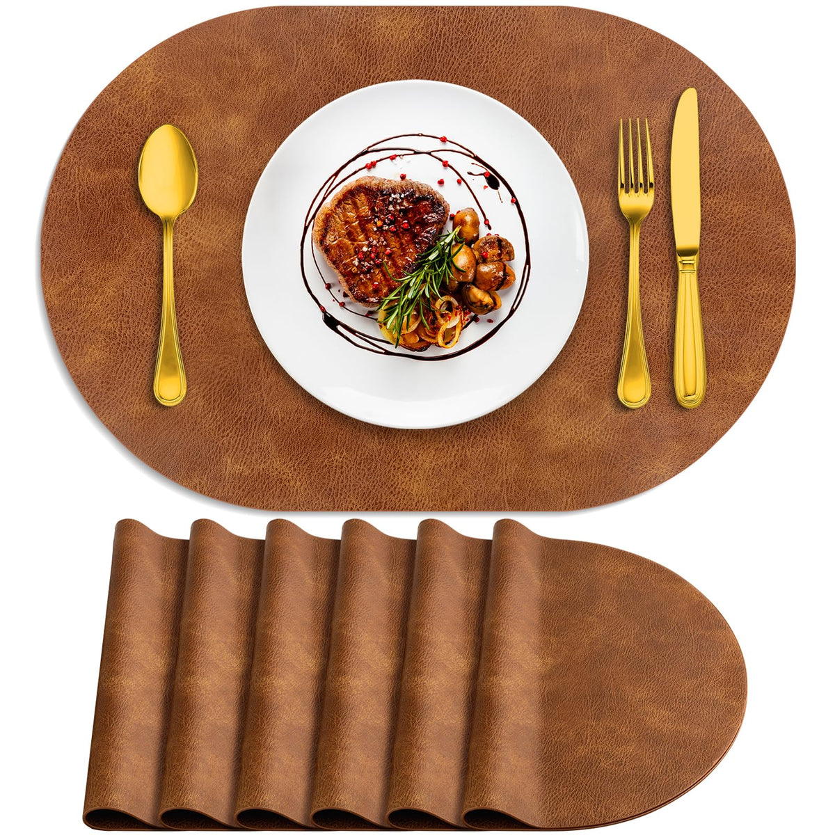 Oval Placemats Set of 6, Wipeable Faux Leather, Turmeric Brown