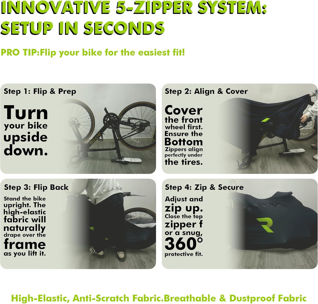 Bike Cover with 5 Zippers, Anti-Scratch Bicycle Storage Guard for Apartment & Garage, Fits Wall Hangers & Car Racks