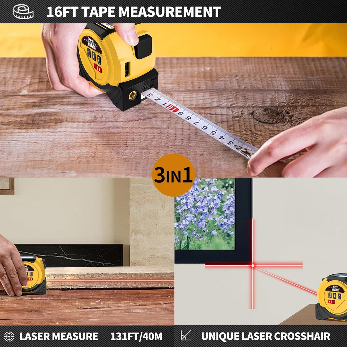 Laser Tape Measure 3 in 1 Laser Rangefinder Tape Measure 131ft Laser Measuring Tape & 16ft Tape Measure for