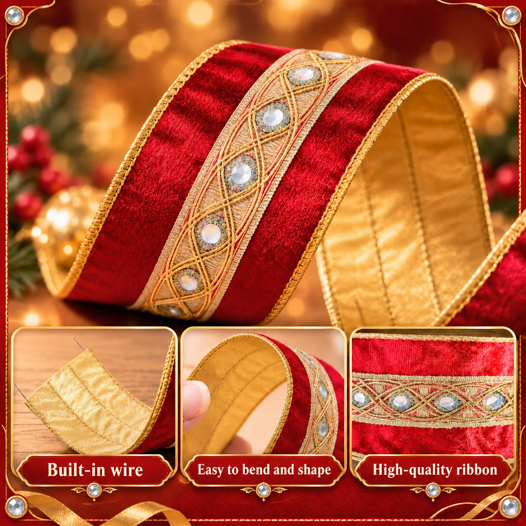 12Yd 2.5" Reversible Red Gold Velvet Wired Ribbon, Xmas Embroidered Ribbon